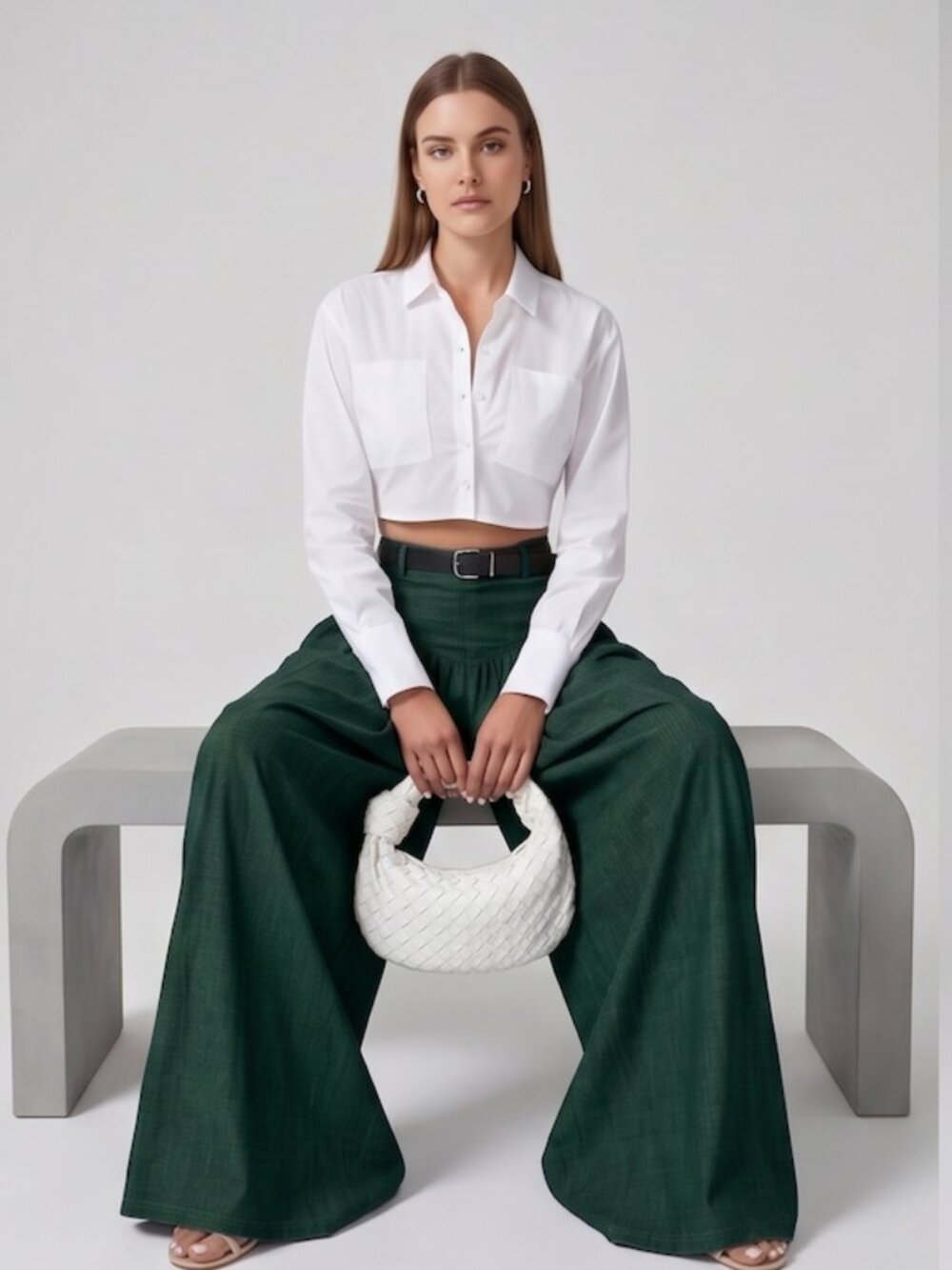 High Waisted Yoke Pleated Wide Leg Palazzo Pants Green - Picture 3 of 12